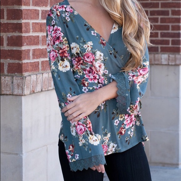 Teal Floral Wrap top - Picture 4 of 7